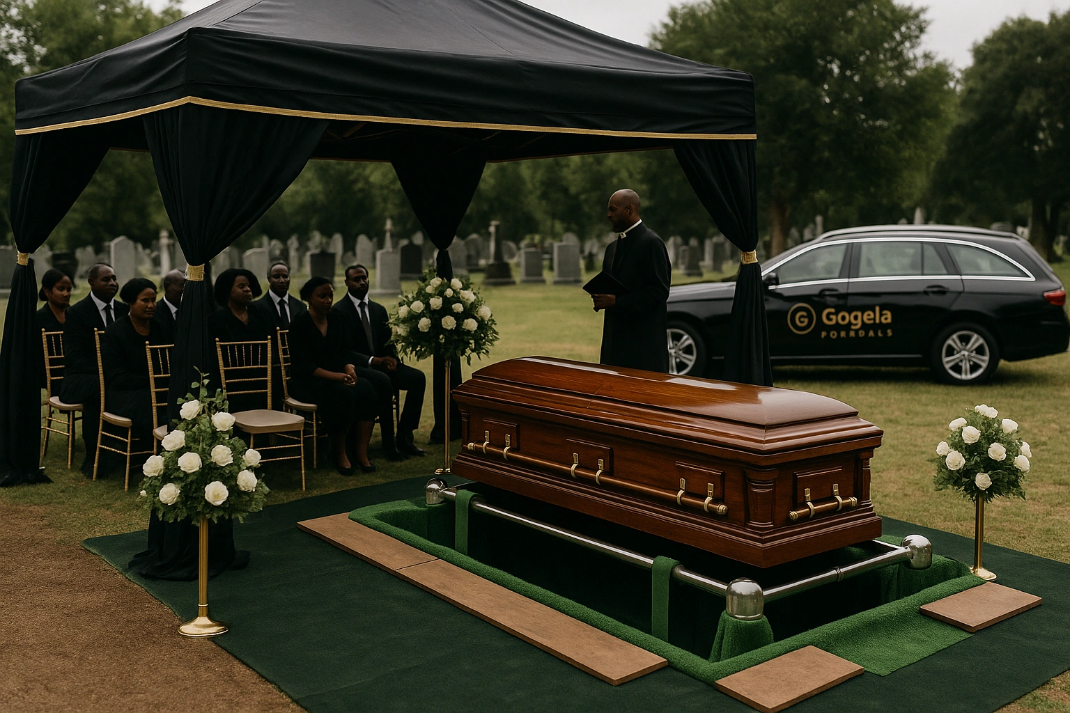 Graveside setup with canopy and seating for a burial service