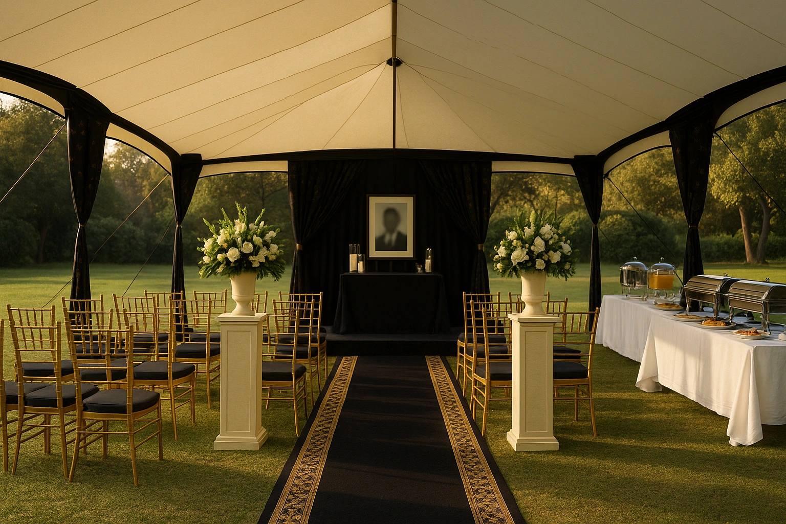 Décor and tented seating arranged for a respectful service